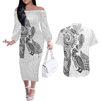 Aotearoa Moko Tribal Tattoo Couples Matching Off The Shoulder Long Sleeve Dress and Hawaiian Shirt New Zealand Maori Penguin and Fantail White Color LT03 White - Polynesian Pride