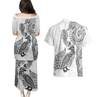 Aotearoa Moko Tribal Tattoo Couples Matching Puletasi and Hawaiian Shirt New Zealand Maori Penguin and Fantail White Color LT03 - Polynesian Pride