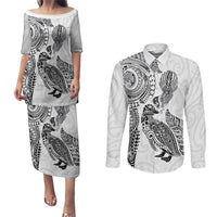 Aotearoa Moko Tribal Tattoo Couples Matching Puletasi and Long Sleeve Button Shirt New Zealand Maori Penguin and Fantail White Color LT03 White - Polynesian Pride
