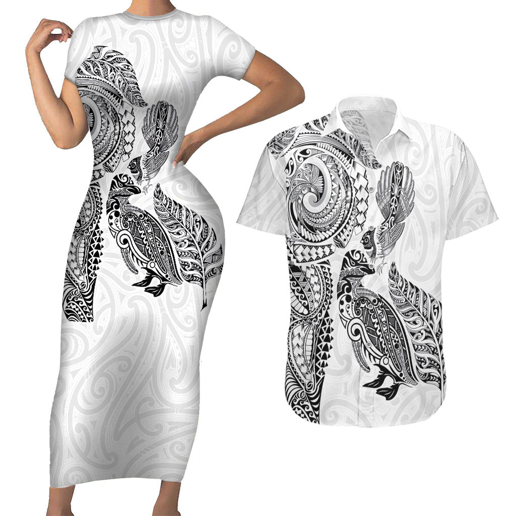 Aotearoa Moko Tribal Tattoo Couples Matching Short Sleeve Bodycon Dress and Hawaiian Shirt New Zealand Maori Penguin and Fantail White Color