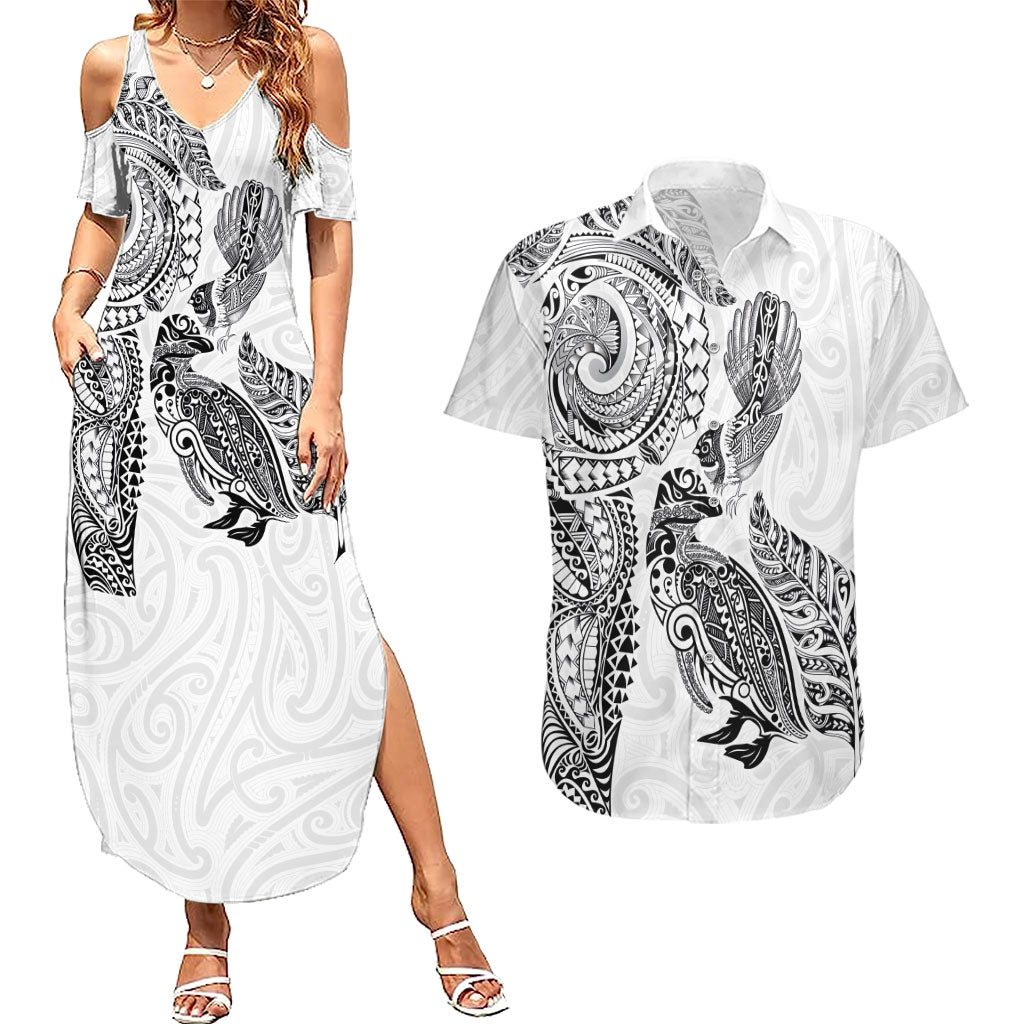 Aotearoa Moko Tribal Tattoo Couples Matching Summer Maxi Dress and Hawaiian Shirt New Zealand Maori Penguin and Fantail White Color