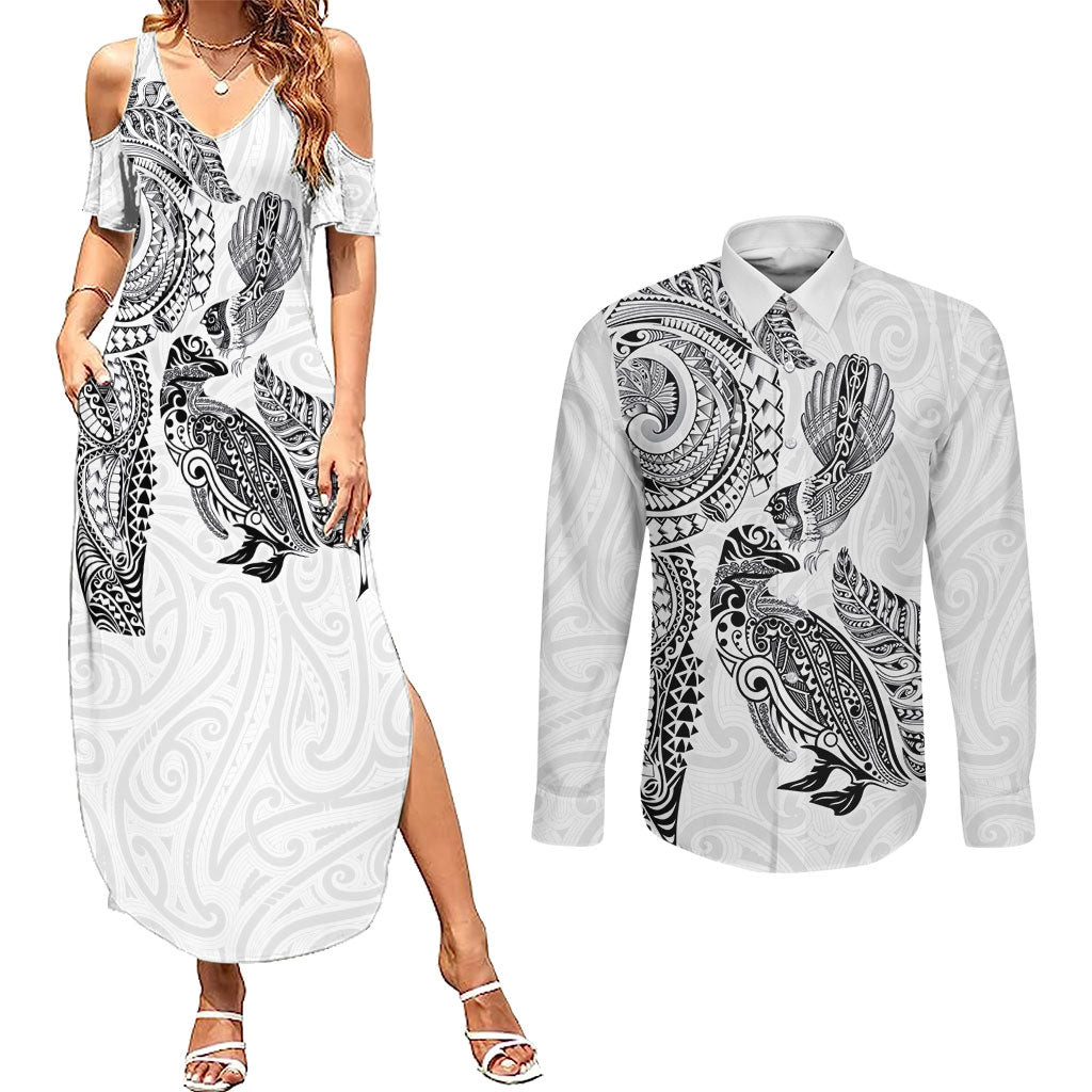Aotearoa Moko Tribal Tattoo Couples Matching Summer Maxi Dress and Long Sleeve Button Shirt New Zealand Maori Penguin and Fantail White Color LT03 White - Polynesian Pride