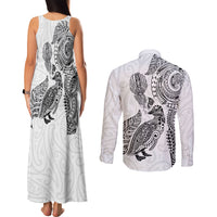 Aotearoa Moko Tribal Tattoo Couples Matching Tank Maxi Dress and Long Sleeve Button Shirt New Zealand Maori Penguin and Fantail White Color LT03 - Polynesian Pride