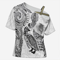 Aotearoa Moko Tribal Tattoo Cross Shoulder Shirt New Zealand Maori Penguin and Fantail White Color LT03 Female White - Polynesian Pride