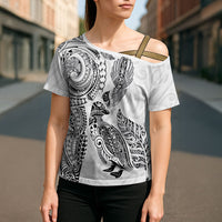 Aotearoa Moko Tribal Tattoo Cross Shoulder Shirt New Zealand Maori Penguin and Fantail White Color LT03 - Polynesian Pride