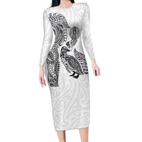 Aotearoa Moko Tribal Tattoo Family Matching Long Sleeve Bodycon Dress and Hawaiian Shirt New Zealand Maori Penguin and Fantail White Color LT03 Mom's Dress White - Polynesian Pride