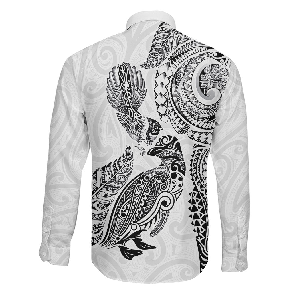 Aotearoa Moko Tribal Tattoo Family Matching Off The Shoulder Long Sleeve Dress and Hawaiian Shirt New Zealand Maori Penguin and Fantail White Color LT03 - Polynesian Pride