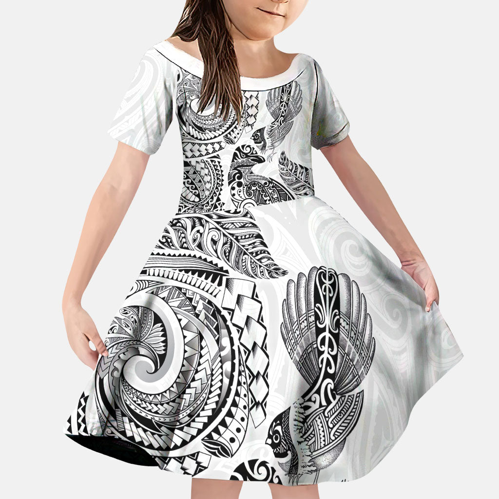 Aotearoa Moko Tribal Tattoo Family Matching Off Shoulder Short Dress and Hawaiian Shirt New Zealand Maori Penguin and Fantail White Color LT03 Daughter's Dress White - Polynesian Pride