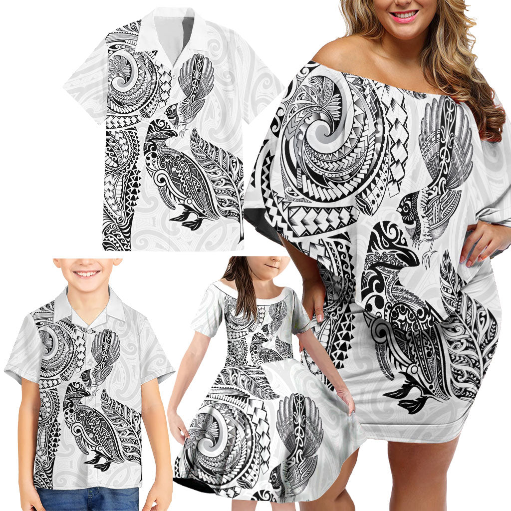 Aotearoa Moko Tribal Tattoo Family Matching Off Shoulder Short Dress and Hawaiian Shirt New Zealand Maori Penguin and Fantail White Color