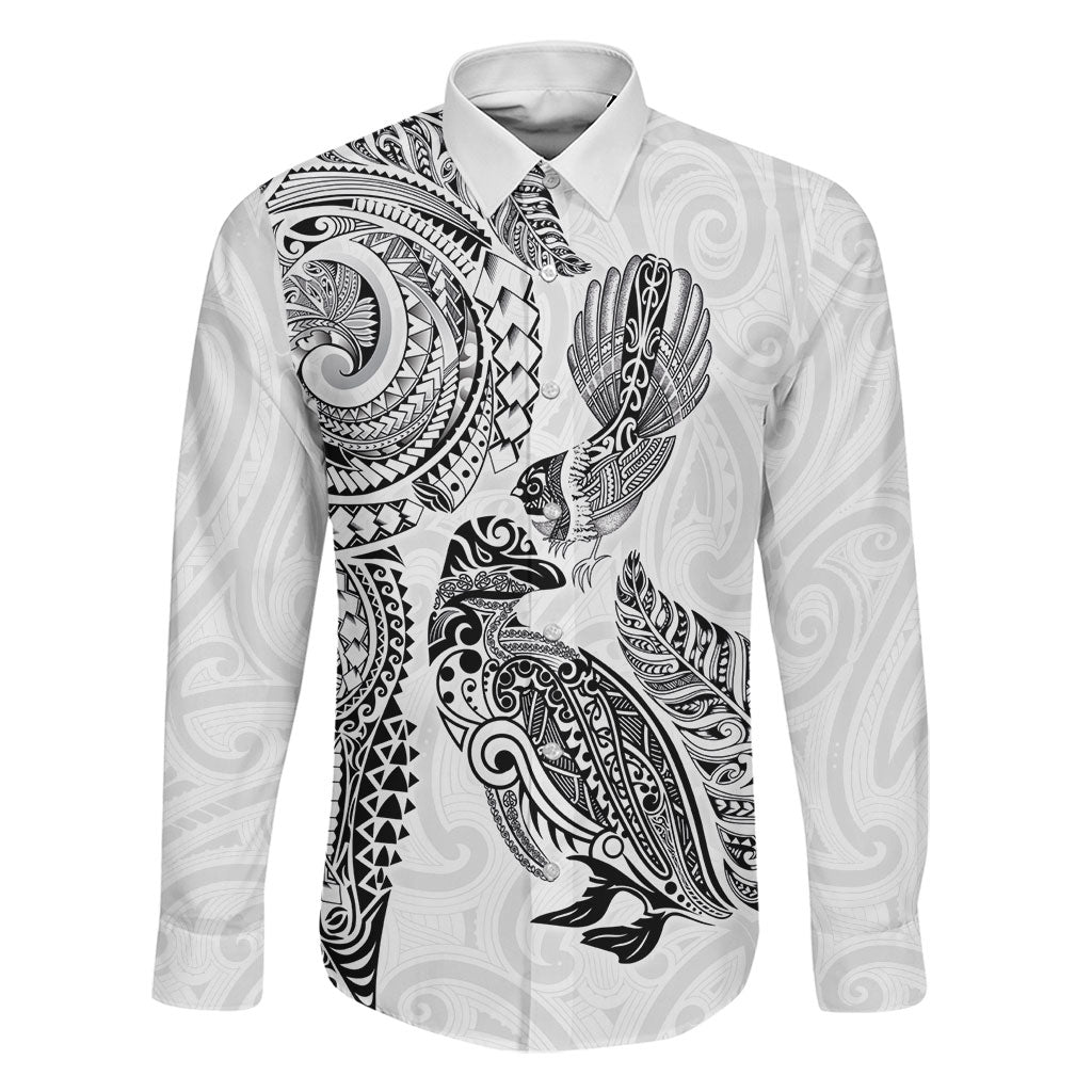 Aotearoa Moko Tribal Tattoo Family Matching Puletasi and Hawaiian Shirt New Zealand Maori Penguin and Fantail White Color LT03 Dad's Shirt - Long Sleeve White - Polynesian Pride