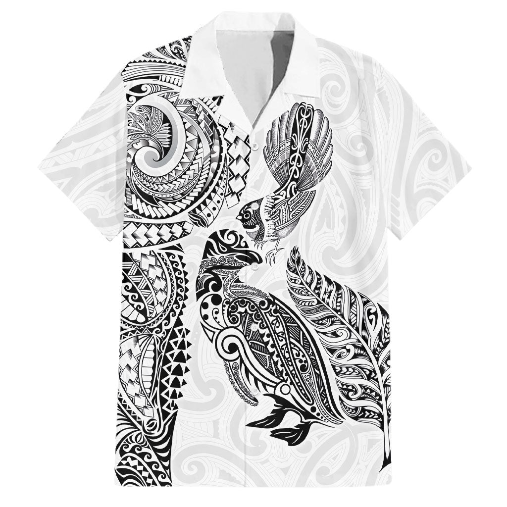 Aotearoa Moko Tribal Tattoo Family Matching Short Sleeve Bodycon Dress and Hawaiian Shirt New Zealand Maori Penguin and Fantail White Color LT03 Dad's Shirt - Short Sleeve White - Polynesian Pride