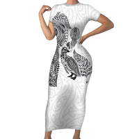 Aotearoa Moko Tribal Tattoo Family Matching Short Sleeve Bodycon Dress and Hawaiian Shirt New Zealand Maori Penguin and Fantail White Color LT03 Mom's Dress White - Polynesian Pride