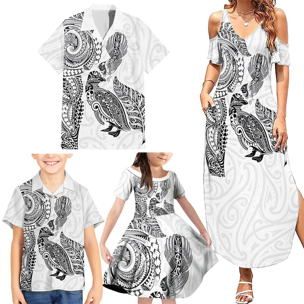 Aotearoa Moko Tribal Tattoo Family Matching Summer Maxi Dress and Hawaiian Shirt New Zealand Maori Penguin and Fantail White Color