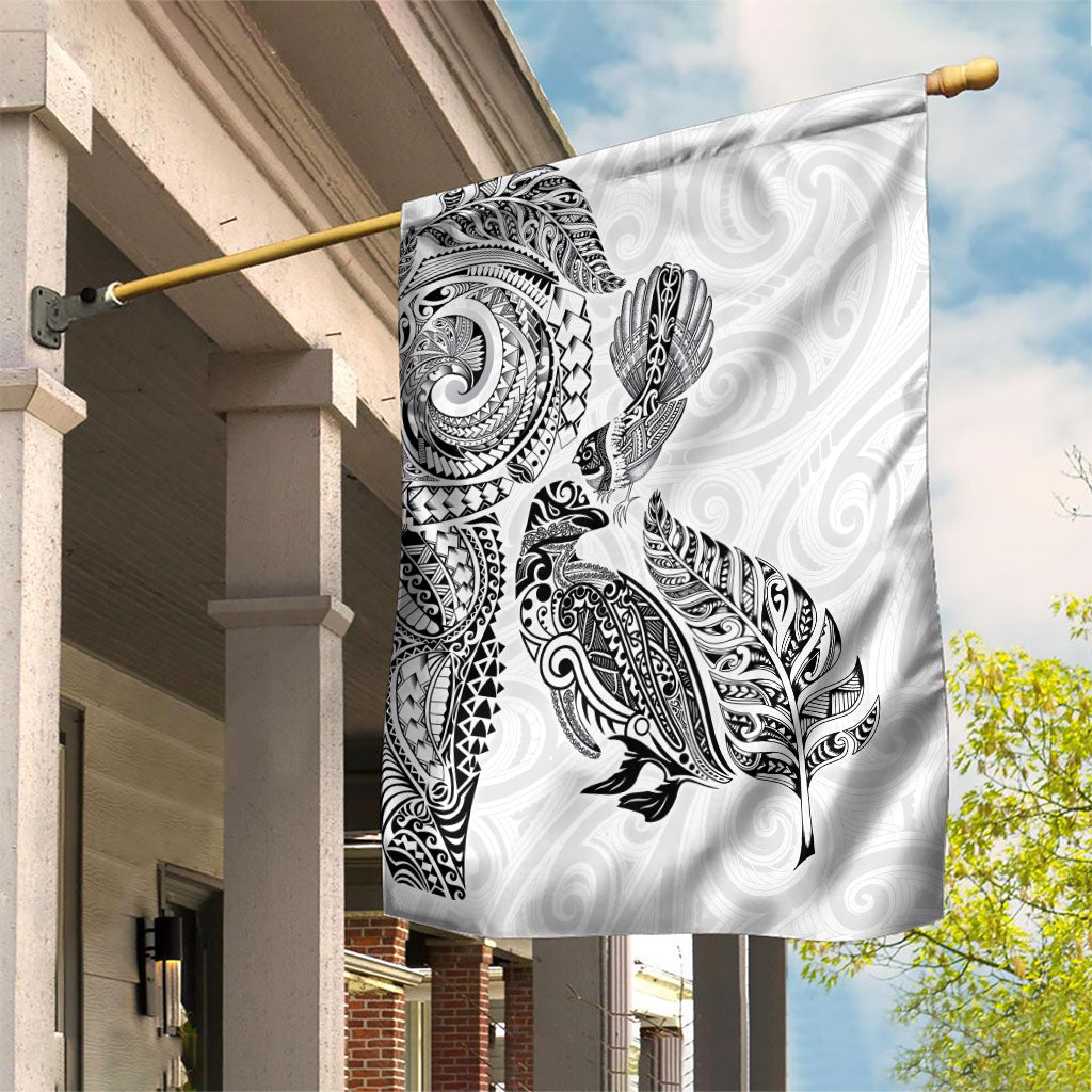 Aotearoa Moko Tribal Tattoo Garden Flag New Zealand Maori Penguin and Fantail White Color LT03 House Flag White - Polynesian Pride