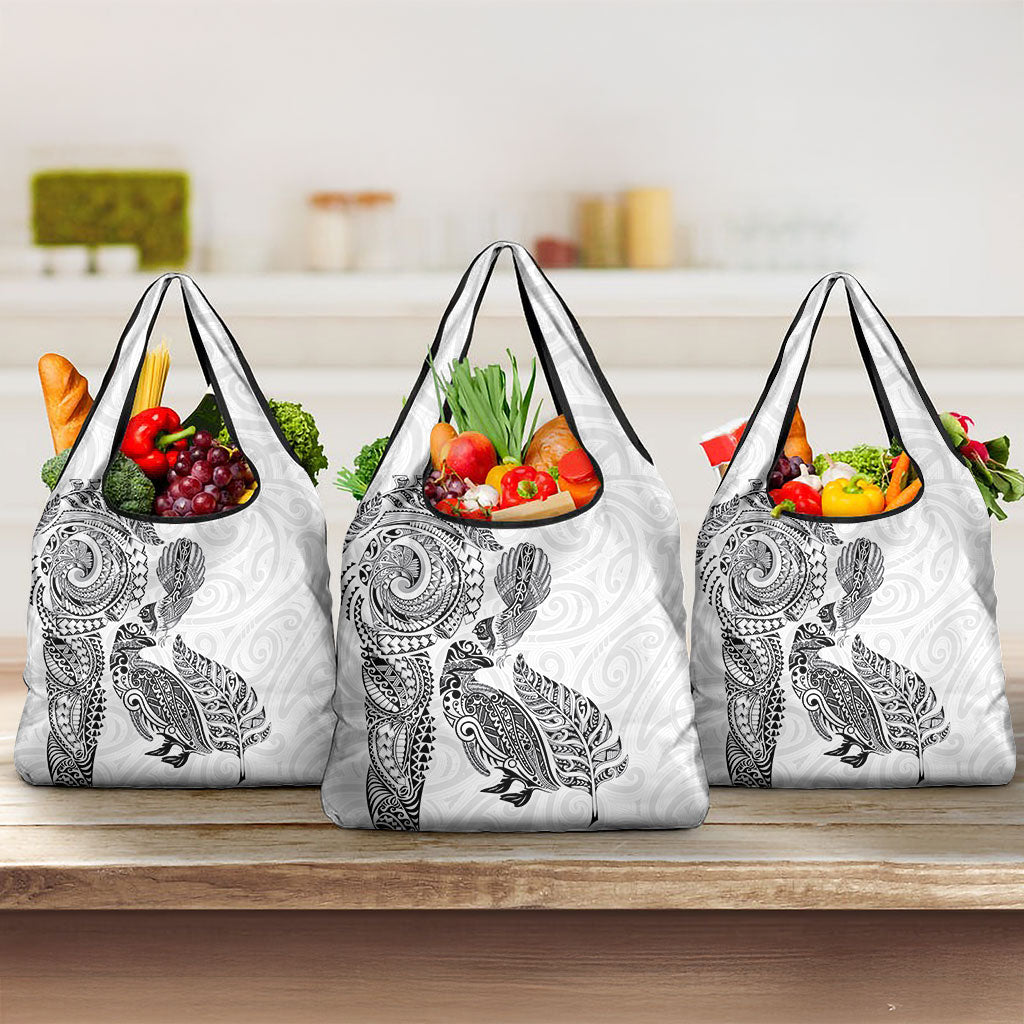 Aotearoa Moko Tribal Tattoo Grocery Bag New Zealand Maori Penguin and Fantail White Color LT03 3-pack One Size White - Polynesian Pride