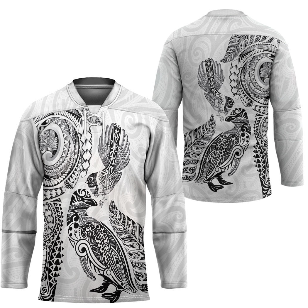 Aotearoa Moko Tribal Tattoo Hockey Jersey New Zealand Maori Penguin and Fantail White Color LT03 - Polynesian Pride