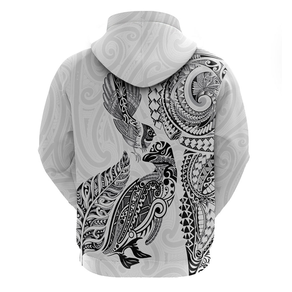 Aotearoa Moko Tribal Tattoo Hoodie New Zealand Maori Penguin and Fantail White Color LT03 - Polynesian Pride