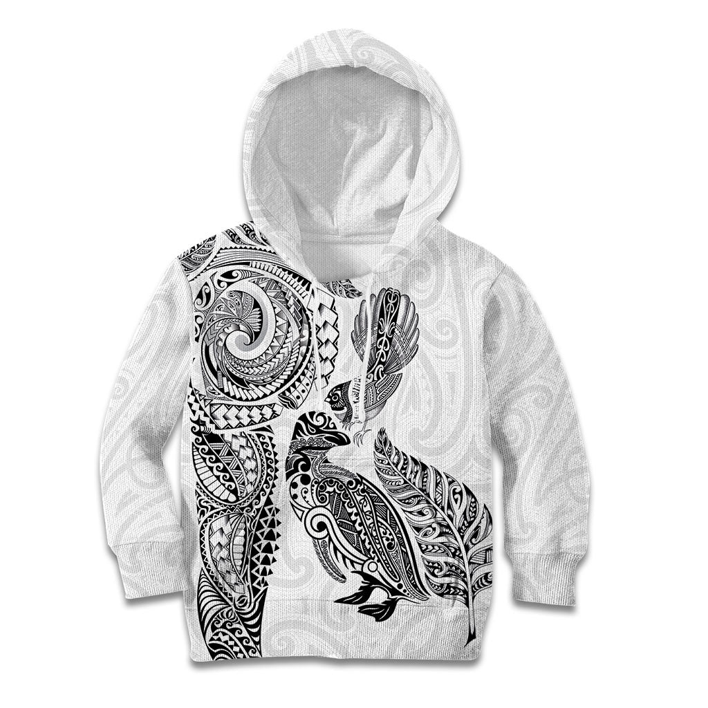 Aotearoa Moko Tribal Tattoo Kid Hoodie New Zealand Maori Penguin and Fantail White Color