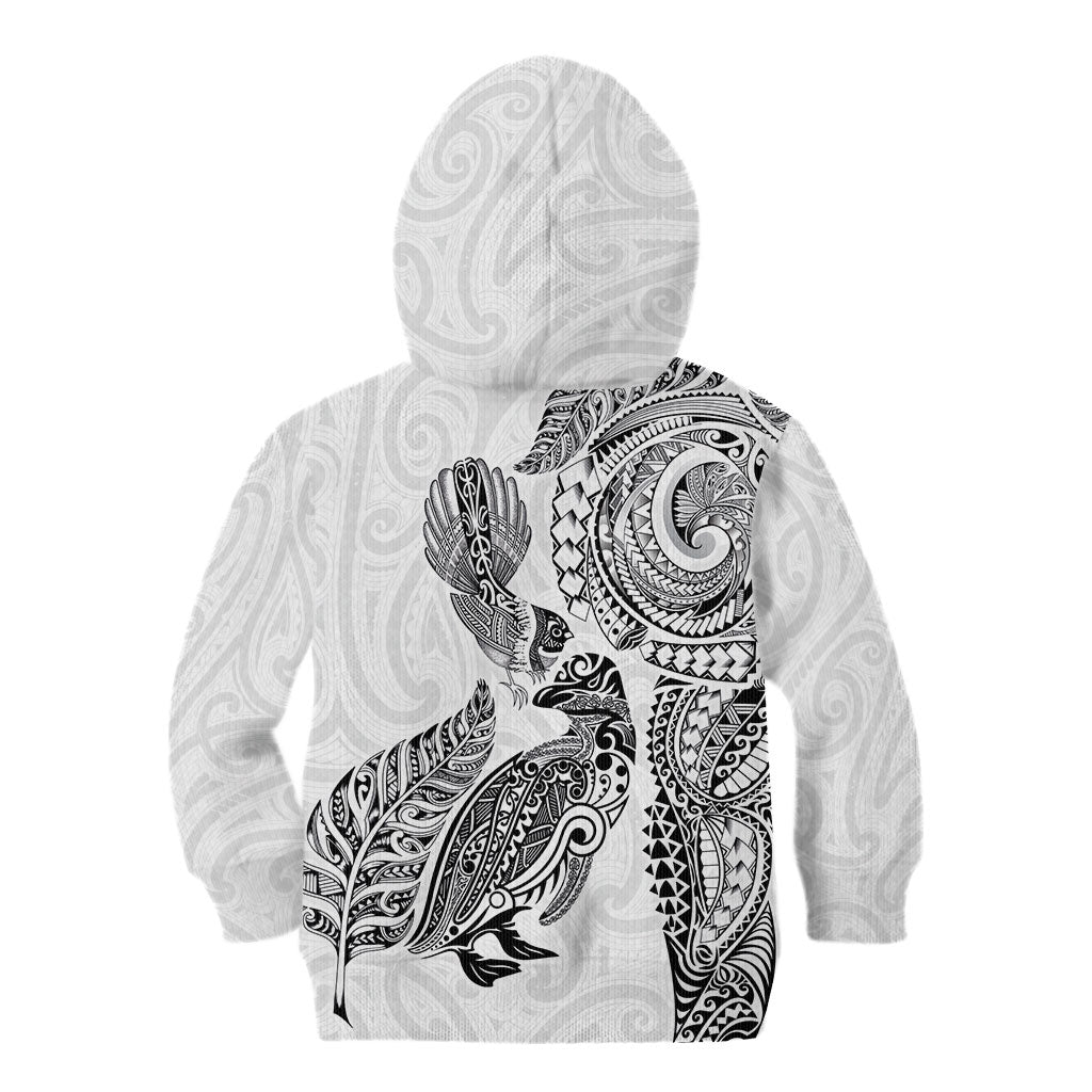 Aotearoa Moko Tribal Tattoo Kid Hoodie New Zealand Maori Penguin and Fantail White Color LT03 - Polynesian Pride