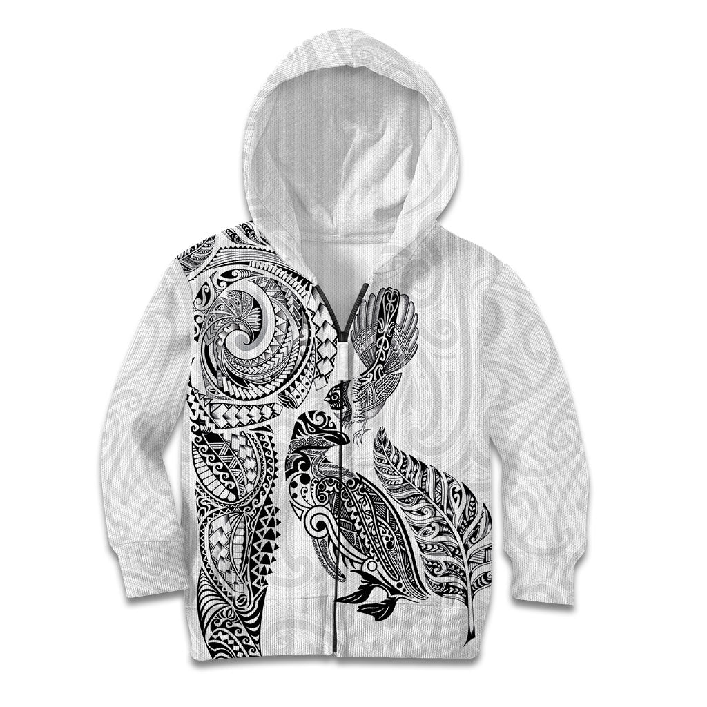 Aotearoa Moko Tribal Tattoo Kid Hoodie New Zealand Maori Penguin and Fantail White Color LT03 Zip Hoodie White - Polynesian Pride