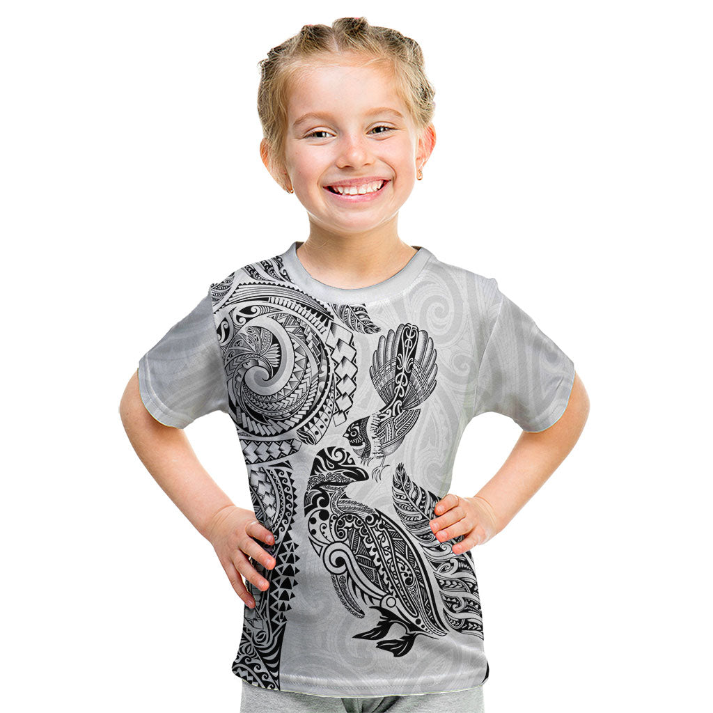 Aotearoa Moko Tribal Tattoo Kid T Shirt New Zealand Maori Penguin and Fantail White Color LT03 White - Polynesian Pride