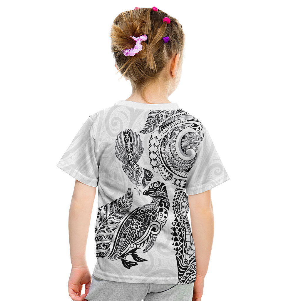 Aotearoa Moko Tribal Tattoo Kid T Shirt New Zealand Maori Penguin and Fantail White Color LT03 - Polynesian Pride