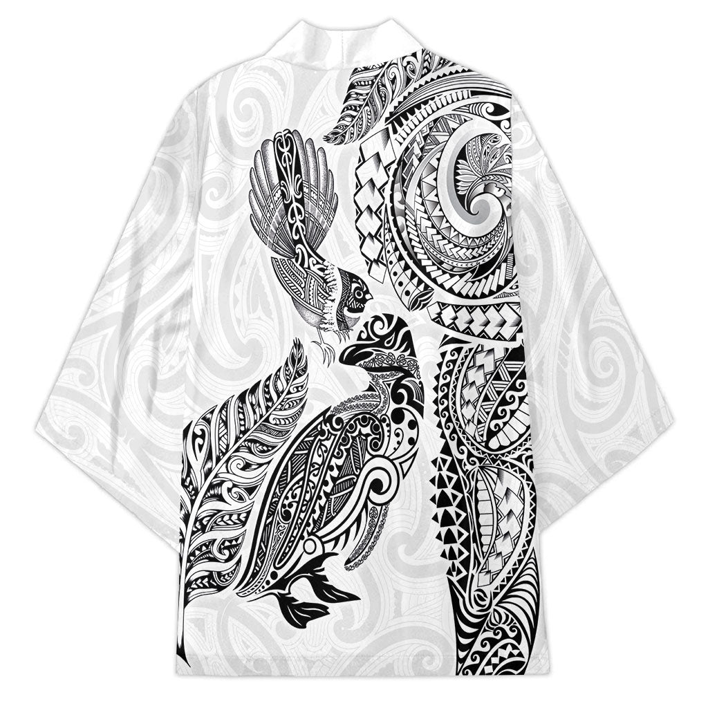 Aotearoa Moko Tribal Tattoo Kimono New Zealand Maori Penguin and Fantail White Color LT03 - Polynesian Pride