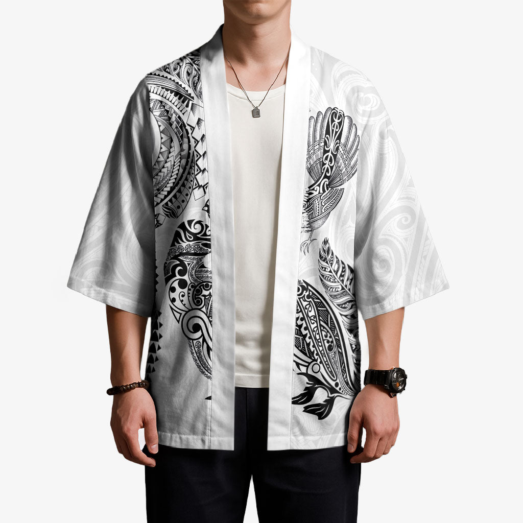 Aotearoa Moko Tribal Tattoo Kimono New Zealand Maori Penguin and Fantail White Color LT03 - Polynesian Pride