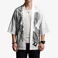 Aotearoa Moko Tribal Tattoo Kimono New Zealand Maori Penguin and Fantail White Color LT03 - Polynesian Pride