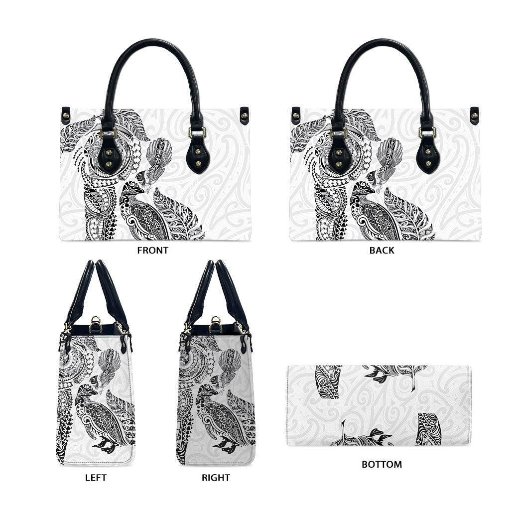 Aotearoa Moko Tribal Tattoo Leather Bag New Zealand Maori Penguin and Fantail White Color LT03 - Polynesian Pride