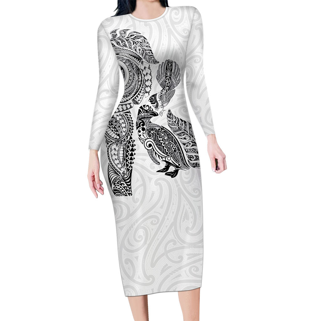 Aotearoa Moko Tribal Tattoo Long Sleeve Bodycon Dress New Zealand Maori Penguin and Fantail White Color