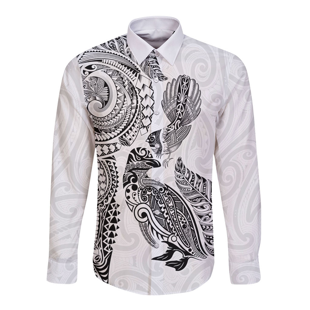 Aotearoa Moko Tribal Tattoo Long Sleeve Button Shirt New Zealand Maori Penguin and Fantail White Color LT03 Unisex White - Polynesian Pride