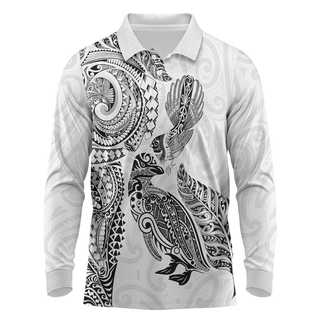 Aotearoa Moko Tribal Tattoo Long Sleeve Polo Shirt New Zealand Maori Penguin and Fantail White Color LT03 White - Polynesian Pride