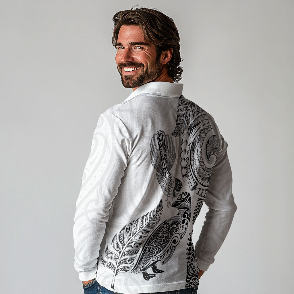 Aotearoa Moko Tribal Tattoo Long Sleeve Polo Shirt New Zealand Maori Penguin and Fantail White Color LT03 - Polynesian Pride