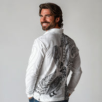 Aotearoa Moko Tribal Tattoo Long Sleeve Polo Shirt New Zealand Maori Penguin and Fantail White Color LT03 - Polynesian Pride