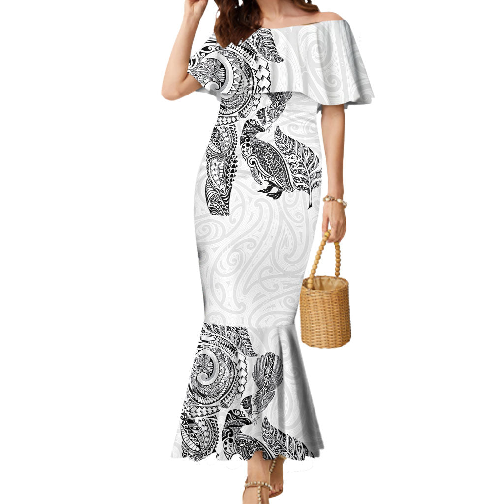 Aotearoa Moko Tribal Tattoo Mermaid Dress New Zealand Maori Penguin and Fantail White Color LT03 Women White - Polynesian Pride