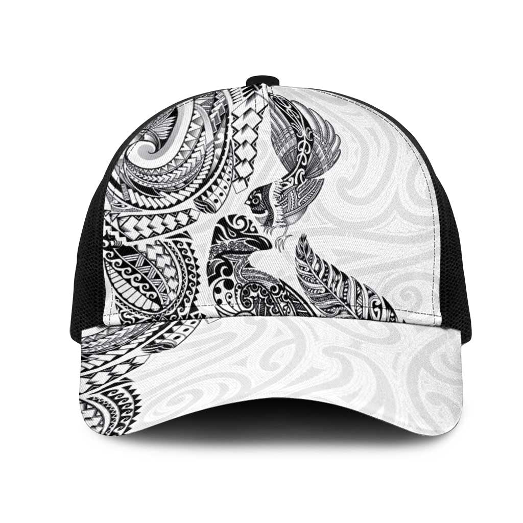 Aotearoa Moko Tribal Tattoo Mesh Trucker Cap New Zealand Maori Penguin and Fantail White Color LT03 One Size Black White - Polynesian Pride