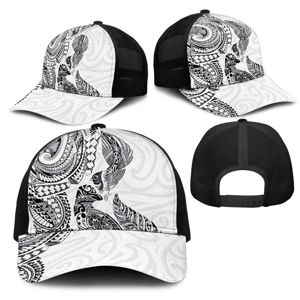 Aotearoa Moko Tribal Tattoo Mesh Trucker Cap New Zealand Maori Penguin and Fantail White Color LT03 - Polynesian Pride