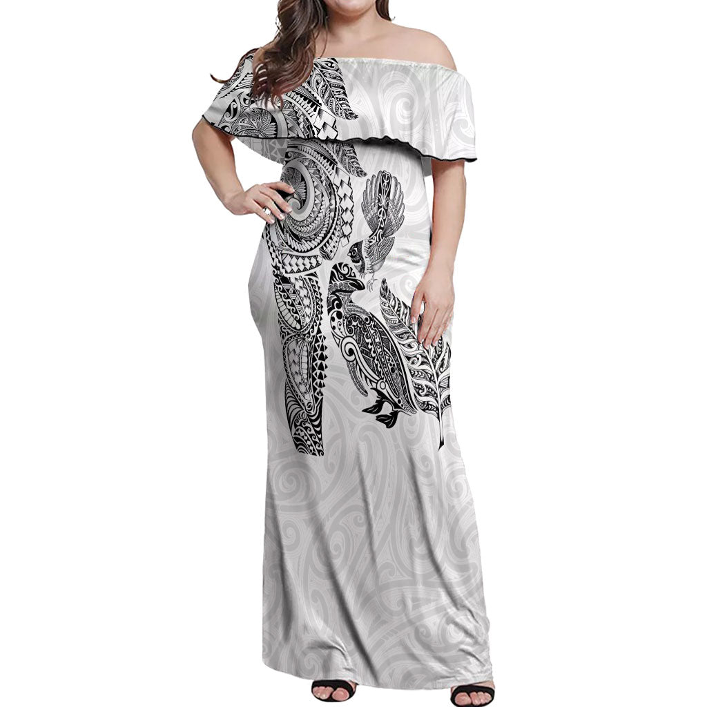 Aotearoa Moko Tribal Tattoo Off Shoulder Maxi Dress New Zealand Maori Penguin and Fantail White Color LT03 Women White - Polynesian Pride