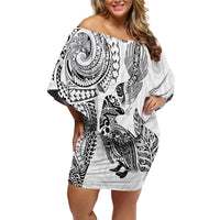 Aotearoa Moko Tribal Tattoo Off Shoulder Short Dress New Zealand Maori Penguin and Fantail White Color LT03 Women White - Polynesian Pride