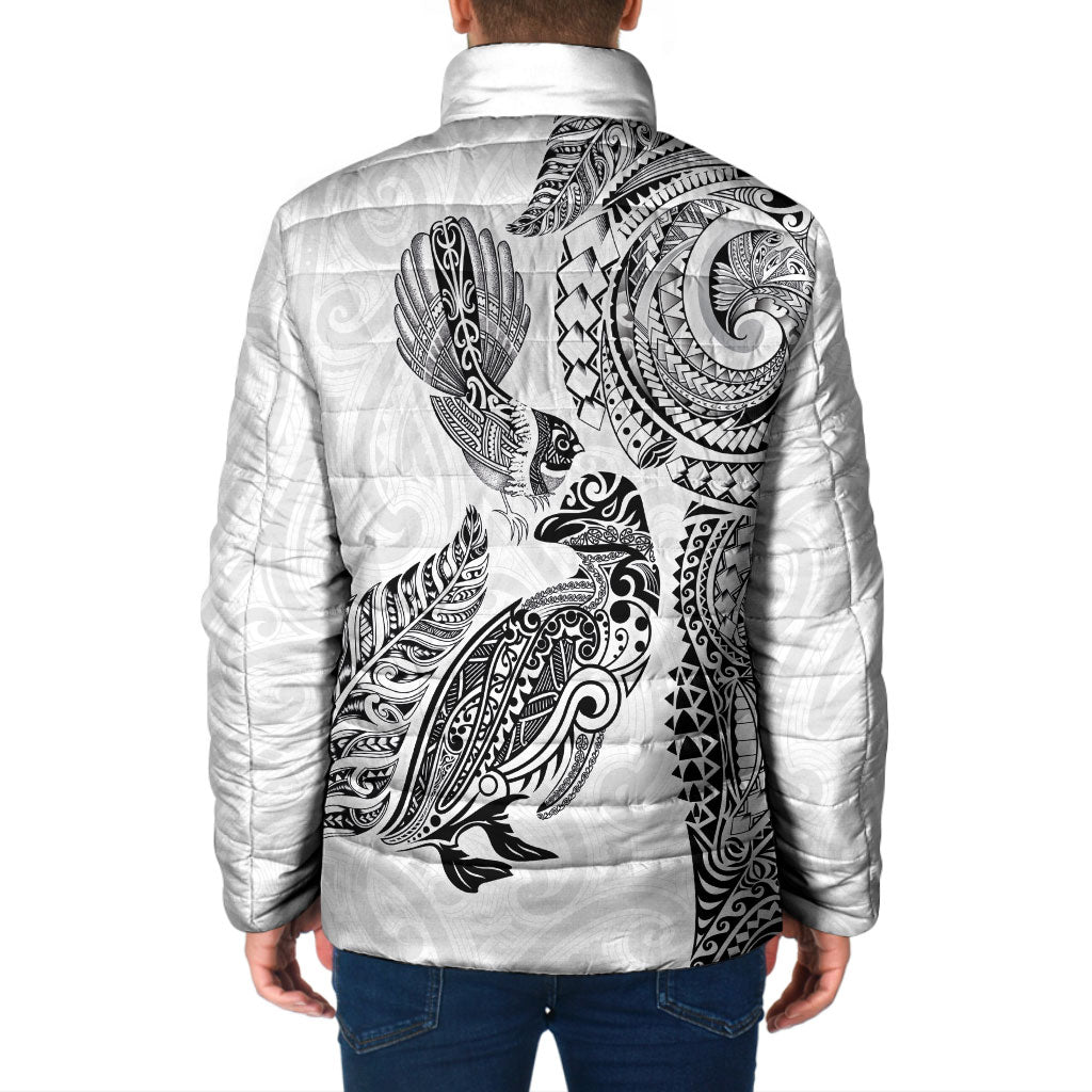 Aotearoa Moko Tribal Tattoo Padded Jacket New Zealand Maori Penguin and Fantail White Color LT03 - Polynesian Pride