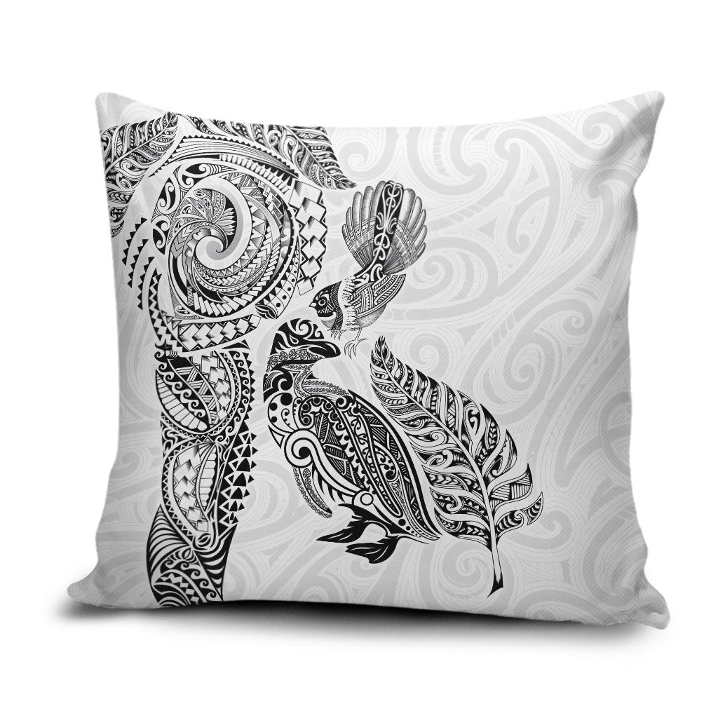 Aotearoa Moko Tribal Tattoo Pillow Cover New Zealand Maori Penguin and Fantail White Color LT03 White - Polynesian Pride