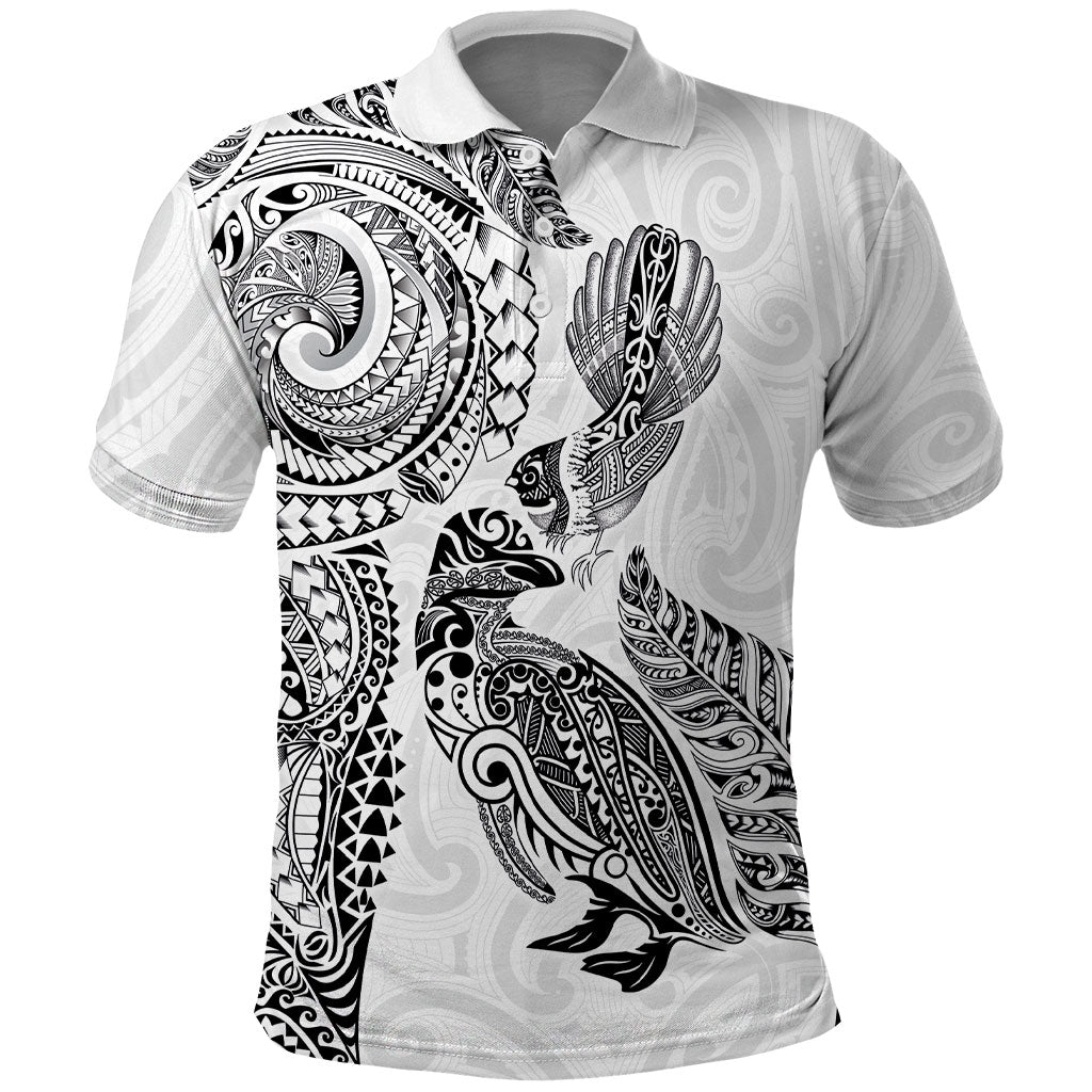 Aotearoa Moko Tribal Tattoo Polo Shirt New Zealand Maori Penguin and Fantail White Color LT03 White - Polynesian Pride
