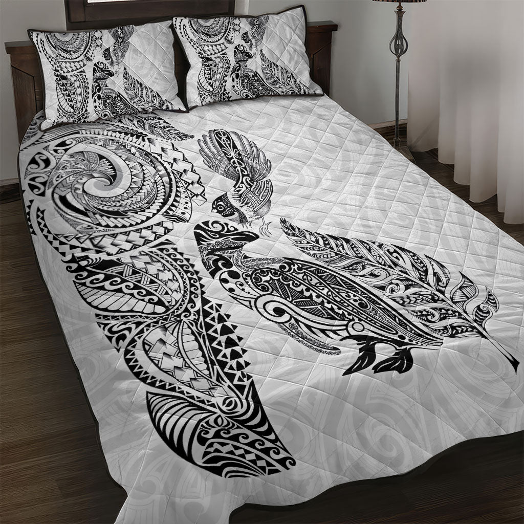 Aotearoa Moko Tribal Tattoo Quilt Bed Set New Zealand Maori Penguin and Fantail White Color