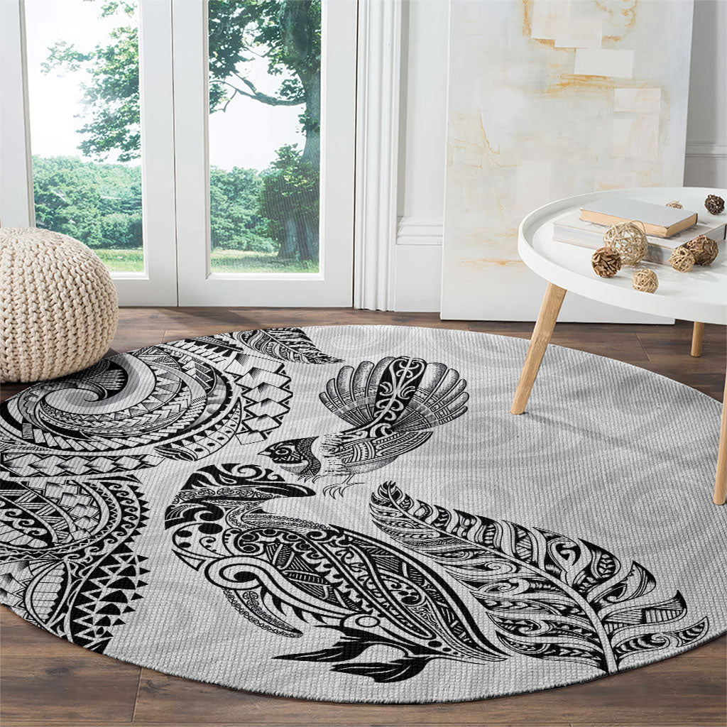 Aotearoa Moko Tribal Tattoo Round Carpet New Zealand Maori Penguin and Fantail White Color LT03 - Polynesian Pride