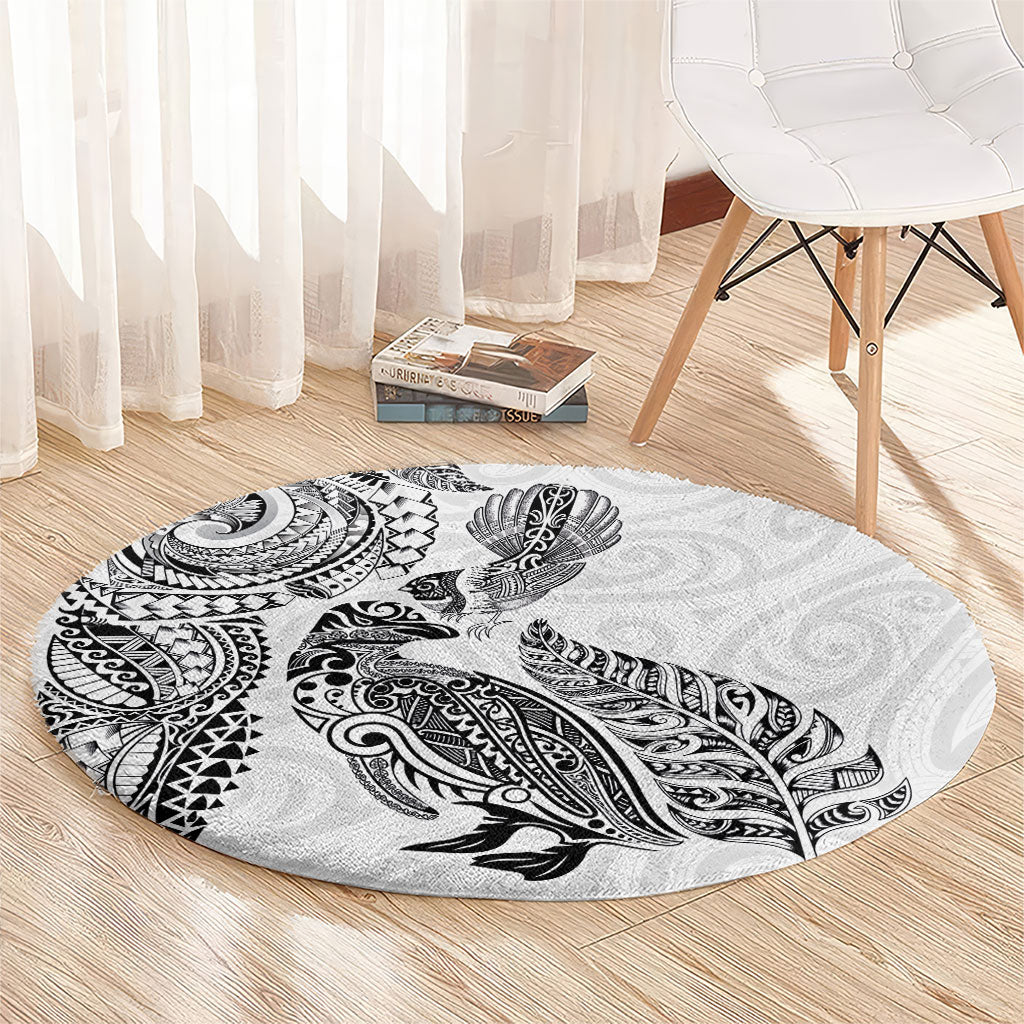 Aotearoa Moko Tribal Tattoo Round Carpet New Zealand Maori Penguin and Fantail White Color LT03 - Polynesian Pride