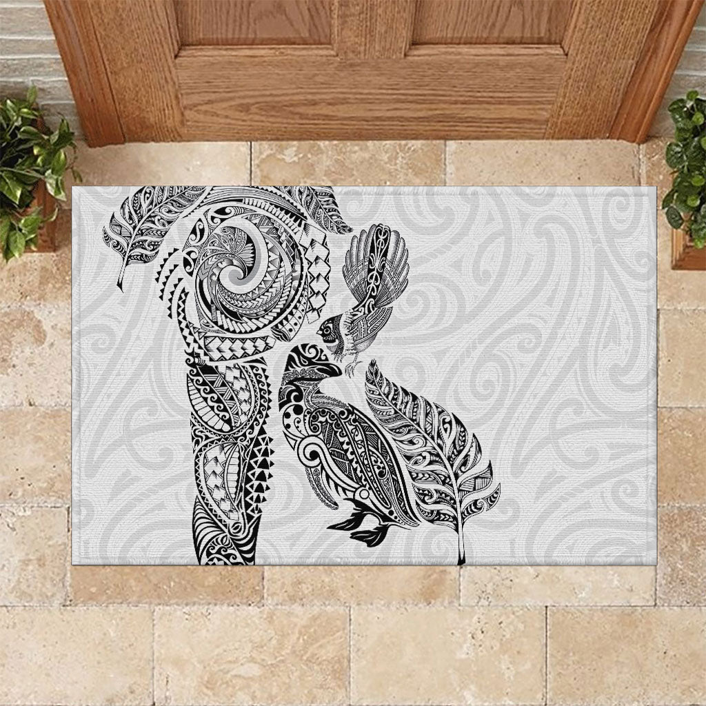 Aotearoa Moko Tribal Tattoo Rubber Doormat New Zealand Maori Penguin and Fantail White Color LT03 White - Polynesian Pride