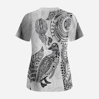 Aotearoa Moko Tribal Tattoo Scrub Top New Zealand Maori Penguin and Fantail White Color LT03 - Polynesian Pride
