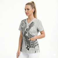 Aotearoa Moko Tribal Tattoo Scrub Top New Zealand Maori Penguin and Fantail White Color LT03 - Polynesian Pride