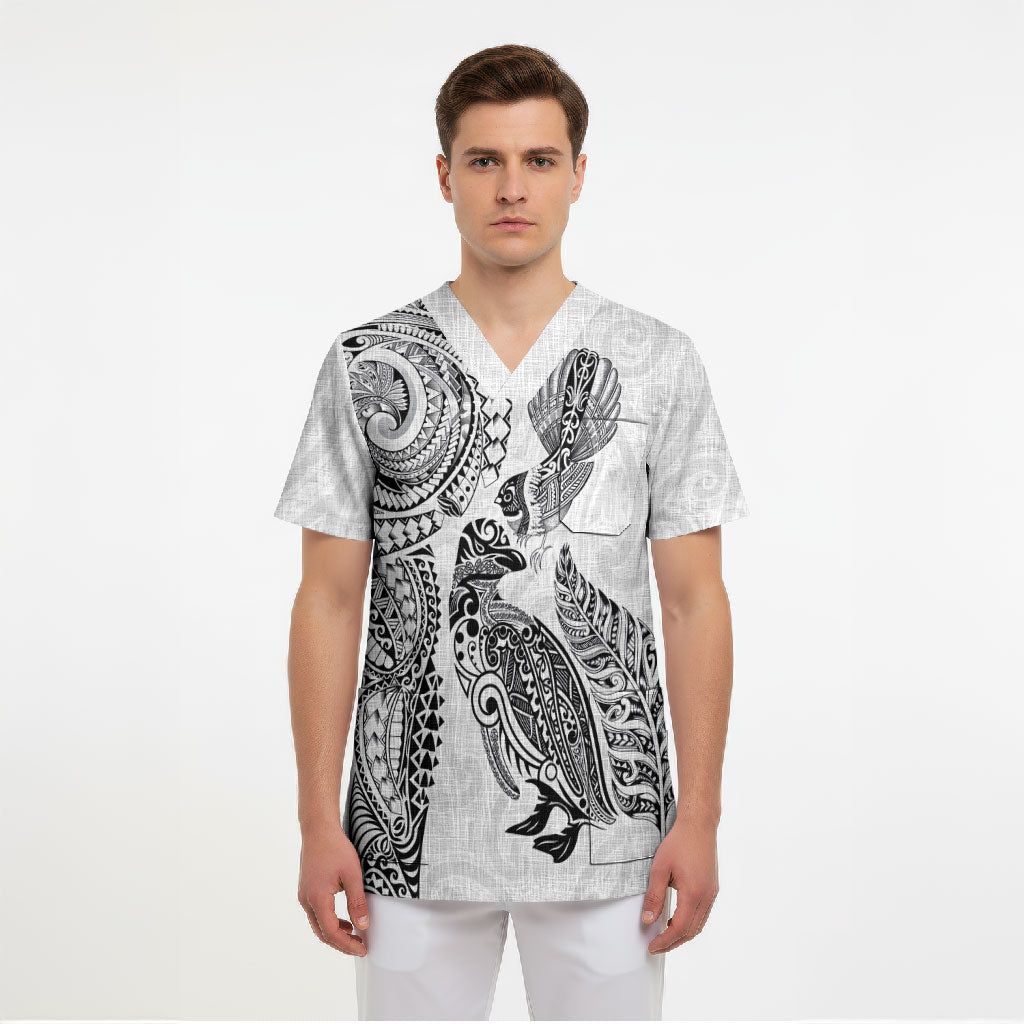 Aotearoa Moko Tribal Tattoo Scrub Top New Zealand Maori Penguin and Fantail White Color LT03 - Polynesian Pride